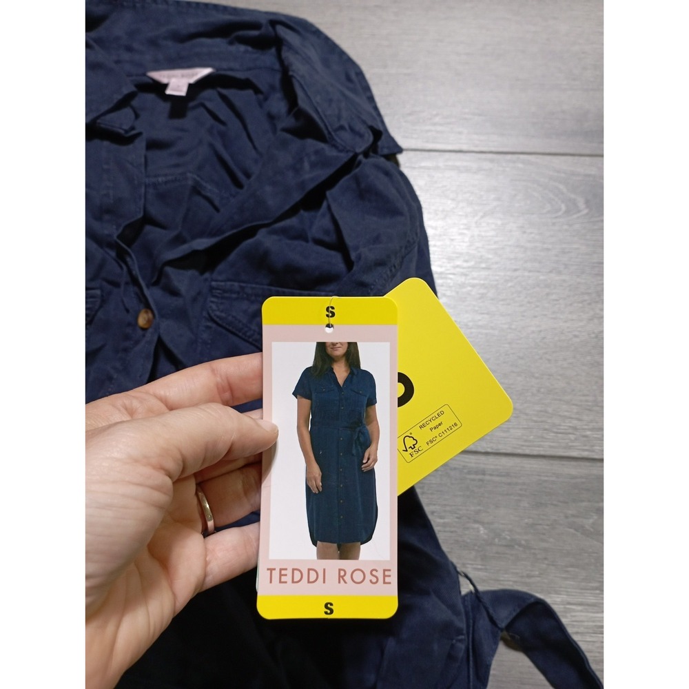 Teddi Rose Womens Small Navy Blue Button Down Belted Tencel Shirt Dress 1846020